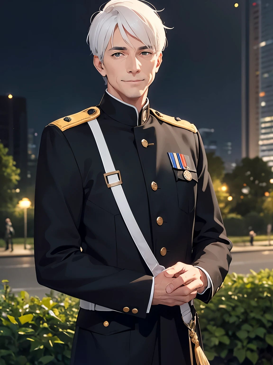 1mature men,50 years old,smile,solo,Narrow eyes,white hair, short hair,black eyes,black Army uniform,slight smile, standing in the park, night, close up photo