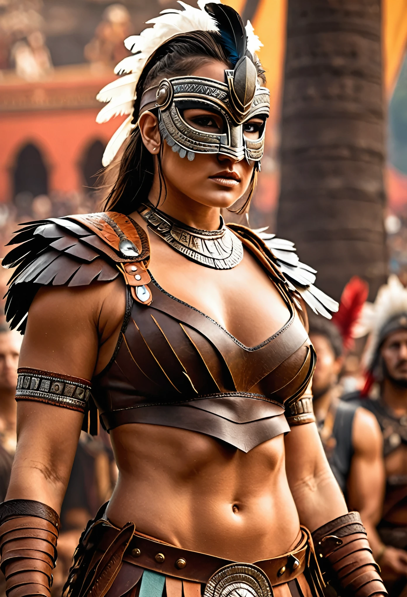 close up, photorealistic, (masterpiece:1.3), (best quality:1.3), beautiful, (intricate details), unity 8k wallpaper, ultra detailed, beautiful, aesthetic, perfect lighting, crowd around WestGark, very strong woman, (muscular:1.2), wearing leather plastron armor, wearing animal mask with feathers, wearing toga, hunting,  (aztec temple background:1.0),  (perfect hands:1.2),,