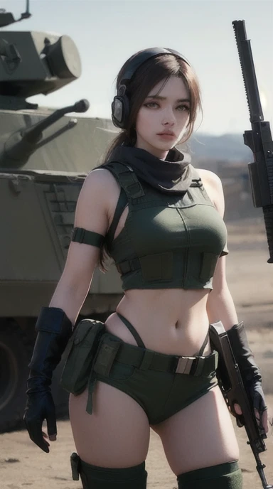 a woman in a white outfit holding a rifle and wearing headphones, 24-year-old woman, Korean woman, tan bronze skin, soldier girl, mechanized soldier girl, military girl, beautiful female soldier, female lead character, infantry girl, Women in crop top military bulletproof vest, ((showing navel)), exposed abdomen area, quiet from metal gear solid v, wearing tactical gear, dressed in tactical armor,