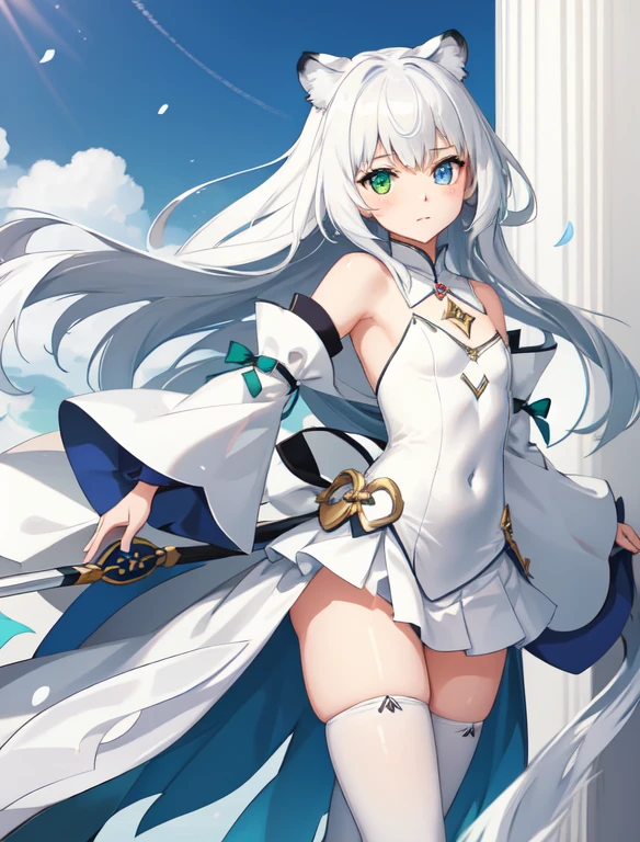 A small with a flat AA-size chest. Her proportions include an extremely flat chest. She has heterochromia, her right eye is a deep emerald green, and her left eye is bright diamond blue. Her features include snow-white hair fluttering behind her, ears of a white tiger atop her head, and a tail of a white tiger. She sports a flowing white cloak that billows behind her and dual-wields two white swords. Her stance is confident and mature, her expression focused and calm. Her clothes cover her completely. Make sure to include a tail of a white tiger on her tailbone. no animals in picture, angel-like cuteness. She is slashing her swords horizontally