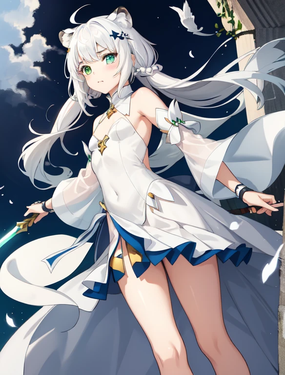 A small with a flat AA-size chest. Her proportions include an extremely flat chest. She has heterochromia, her right eye is a deep emerald green, and her left eye is bright diamond blue. Her features include snow-white hair fluttering behind her, ears of a white tiger atop her head, and a tail of a white tiger. She sports a flowing white cloak that billows behind her and dual-wields two white swords. Her stance is confident and mature, her expression focused and calm. Her clothes cover her completely. Make sure to include a tail of a white tiger on her tailbone. no animals in picture, angel-like cuteness. She is slashing her swords horizontally