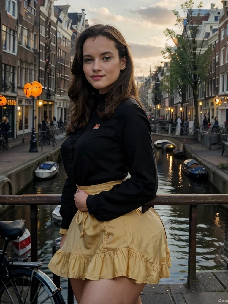 belle hollandaise, très mince, posing in Amsterdam, en tenue hollandaise, jolie visage, beau corps, canal d'Amsterdam, sur un pont en ville, smirk, regarde face à l'objectif, grosse poitrine