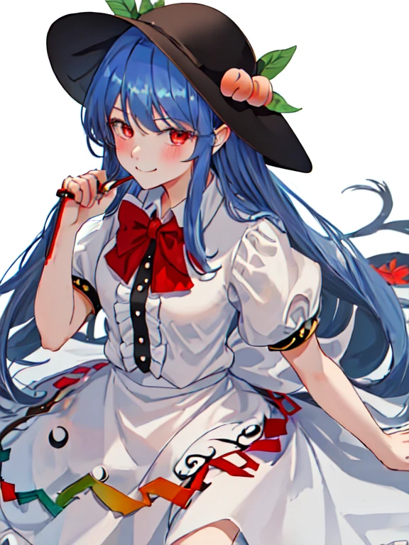 best quality, masterpiece, highres, solo, {hinanawi_tenshi_touhou:1.15}, blue_hair, long_hair, red_eyes, peach, food, fruit, hat, blush, black_headwear, bow, leaf, hair_between_eyes, 1girl, bowtie, looking_at_viewer, puffy_short_sleeves, puffy_sleeves, red_bow, red_bowtie, shirt, short_sleeves, upper_body, white_shirt, simple_background, bangs, closed_mouth, white_background, frills, smile