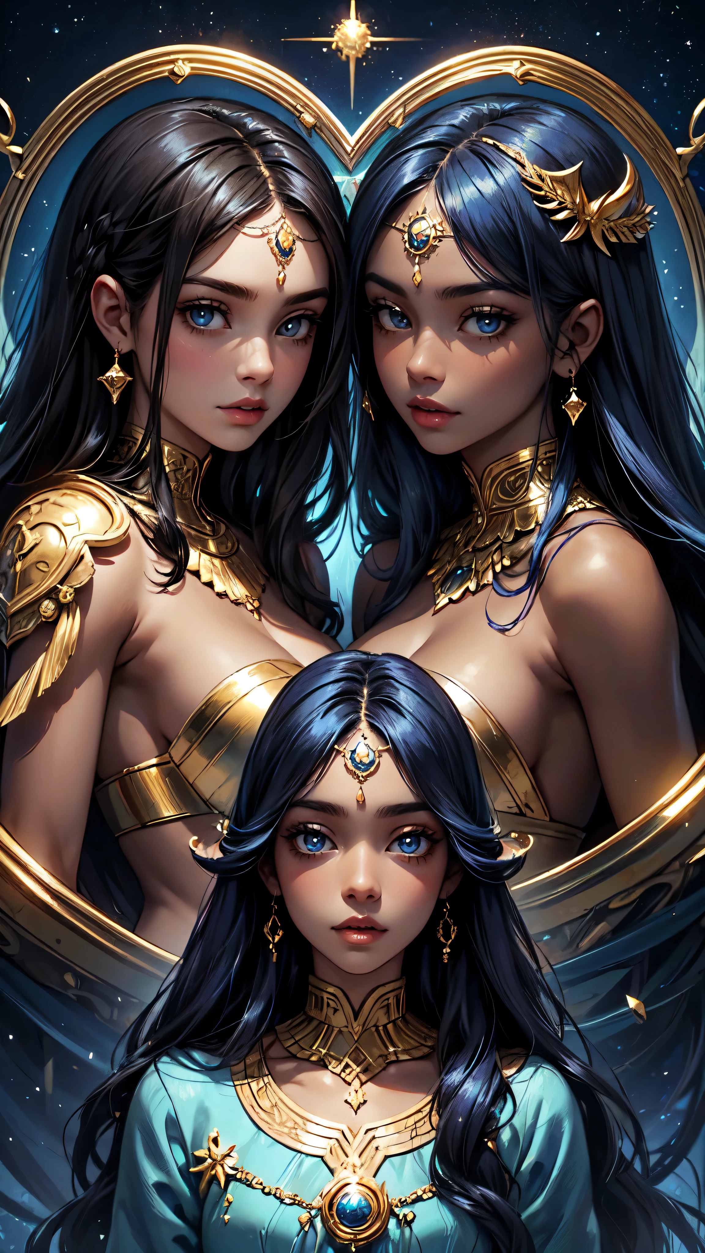 adesivo, fundo simples, portrait, 2 girls with dark skin, twin sisters, with long hair, beautiful zodiac girl, zodiac aesthetic, Gemini ♊️ beautiful girl, very beautiful fantasy art, beautiful and elegant female celestial, beautiful detailed fantasy, gold and blue color palate, blue color-theme, detailed face, detail,ed eyes, detailed hands