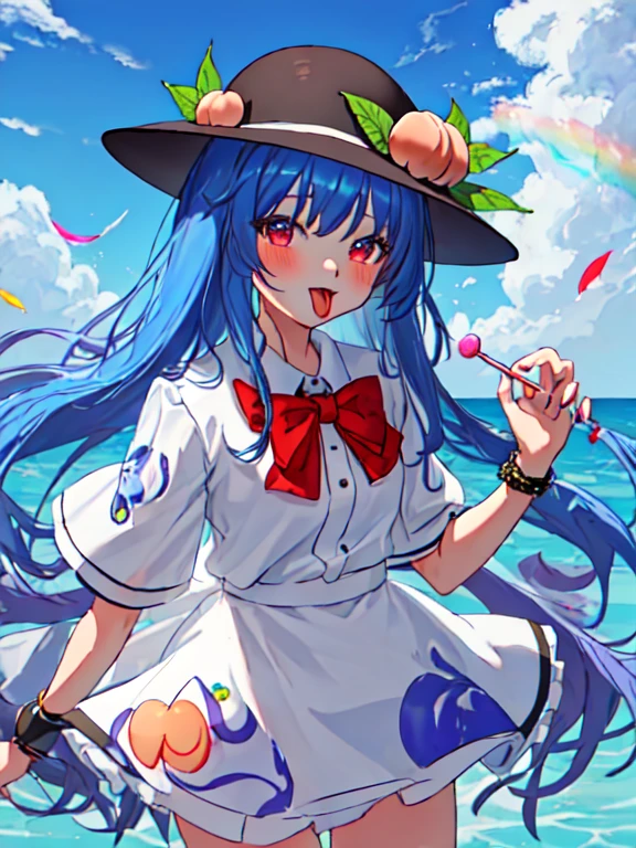 (masterpiece_1.2, best quality),ð,
//,
1girl,food,solo,hinanawi tenshi,hat,lollipop,blue hair,long hair,candy,red eyes,fruit,peach,tongue,licking,tongue out,swirl lollipop,leaf,looking at viewer,simple background,upper body,blush,open mouth,short sleeves,bow,