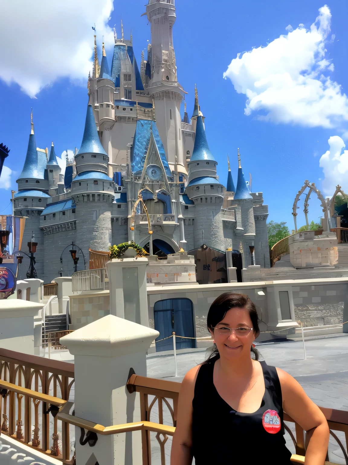 araffe woman standing in front of a castle with a blue sky in the background, castle in background, with a castle in the background, castle in the background, magic kingdom, ( castle in the background ), background is disneyland castle, disney world, standing near a castle, gothic castle in background, walt disney world, gothic castle in the background