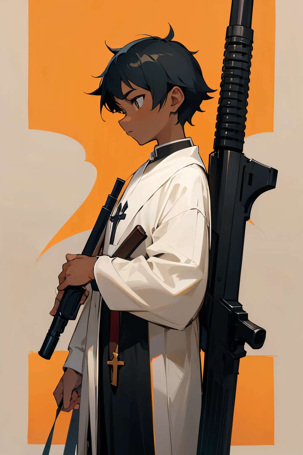A young priest holds a gun and has a tan skin.