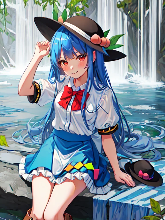 hinanawi tenshi,1girl, solo, sitting, blue_skirt, white_shirt, peach, smile, looking_at_viewer, brown_footwear, puffy_short_sleeves, blush, hat_removed, red_bowtie, knee_boots, hand_on_own_cheek, lace-up_boots, closed_mouth, leaf, head_tilt, frilled_skirt, waterfall, full_body, black_headwear, blue_bow
masterpiece, best quality