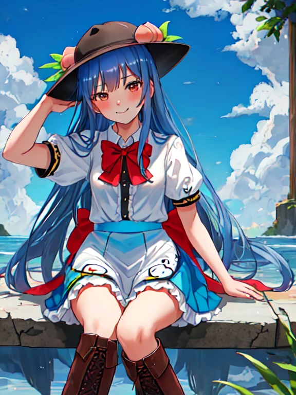 hinanawi tenshi,1girl, solo, sitting, blue_skirt, white_shirt, peach, smile, looking_at_viewer, brown_footwear, puffy_short_sleeves, blush, hat_removed, red_bowtie, knee_boots, hand_on_own_cheek, lace-up_boots, closed_mouth, leaf, head_tilt, frilled_skirt, waterfall, full_body, black_headwear, blue_bow
masterpiece, best quality