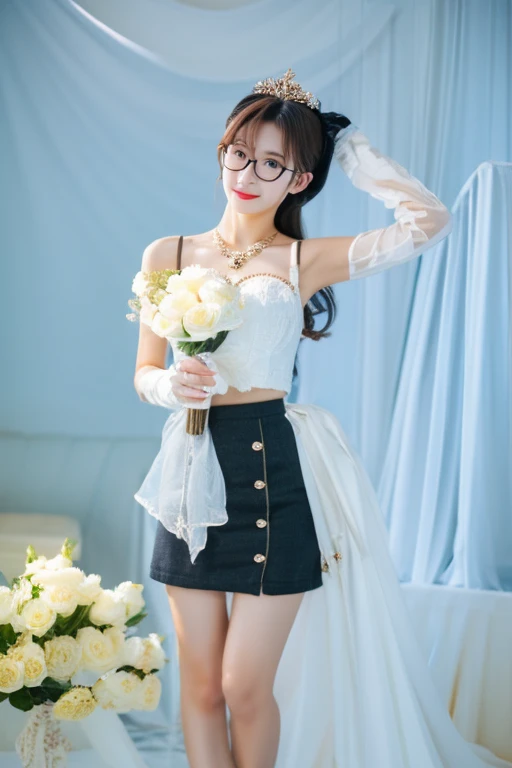 highest quality、masterpiece、High sensitivity、High resolution、 body shape、skinny、Glasses、mini skirt、bouquet