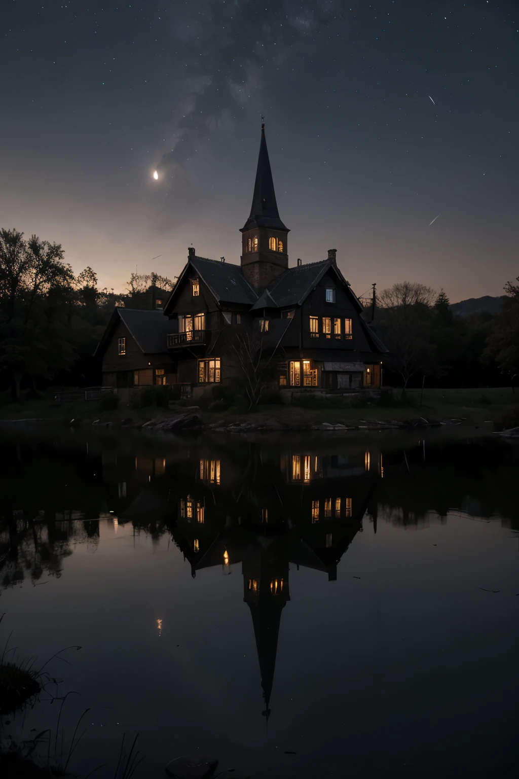 1. **Village at Night**: A quiet, dark village under the night sky, with an eerie silence all around. At the edge of the village, an old, abandoned mansion stands ominously.