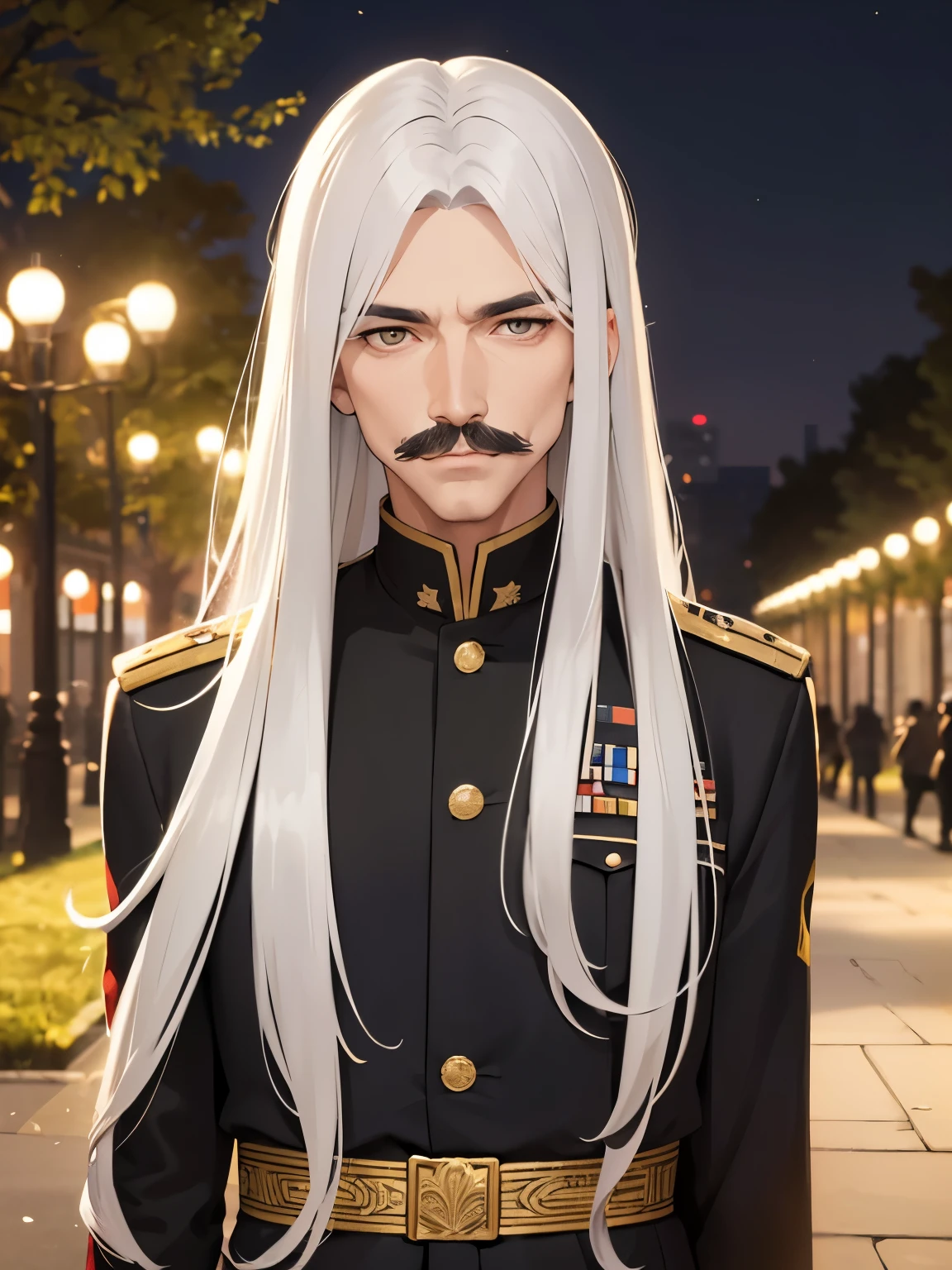 1mature men,solo,80 years old,Narrow eyes, Chinese people,white hair, straight hair, long hair,yellow eyes,Thin moustache,Army uniform,slight smile, standing in the park, night, close up photo