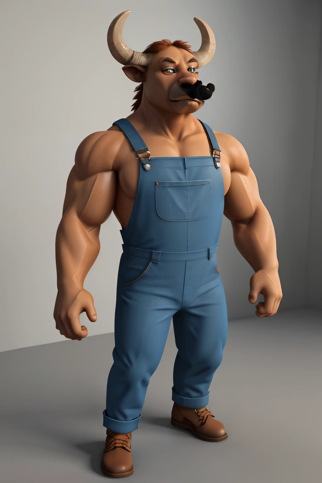 a bald, hornless minotaur no horns, no hair ,with a big mustache, wearing overalls, super muscular, cartoon style, 3D, fullHD, 4D