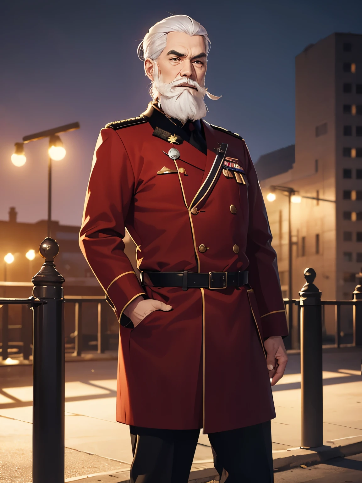 1Adult, 50 years old, white hair, Standing,Narrow eyes, Korean,red army uniform,,mustache and beard, black eyes, standing,At night, in the park,half body photo