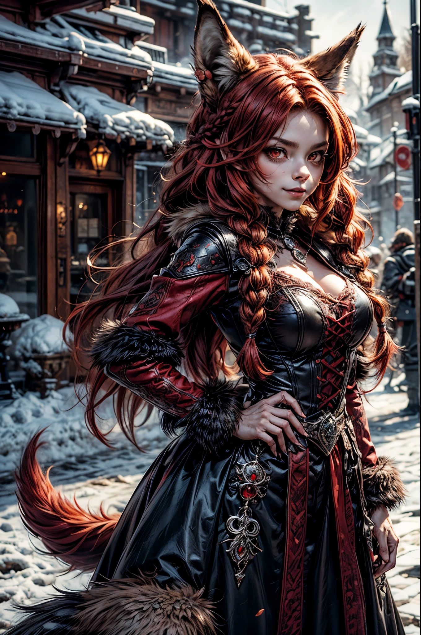 [Best Quality, Shaded, Extreme Detail, Highly Detailed, Ultra Detailed, Intricate, Realistic], Wolf Woman, Wolf Girl, Full Body Portrait, Full Fur, Red Fur, Full Tail, Red Tail Red Hair, Straight Hair, Hair with braid. , a brooch in the hair, flower brooch, almond-shaped eyes, red eyes, intimidating smile, sinister look, demonic Viking-style clothing