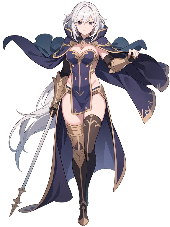 (((Best Quality))) , ((full body)), female, reference sheet, solo, (white background), holding staff, gauntlets, thigh high, loin cloth only, cloak,