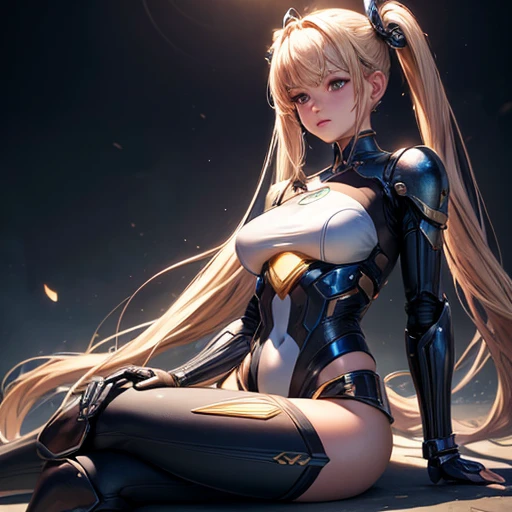 Super beautiful face, Mechanical body: 1.5, Online world background: 1.5, 19 years old, 150mm, Long Hair, Beautiful studio soft light, Crisp details, Beautiful background, Octane Rendering, 8k, highest quality, masterpiece, An illustration, So determined and beautiful, Very detailed, CG, Unity , wallpaper, (Realistic, photo-Realistic: 1.37), wonderful, In detail, learn, highest quality, Official Art, Very detailed CG Unity 8k wallpaper, robot, whole body, whole body shooting, Sitting Twin tails blonde Has a beam saber Attractive thighs The Enchanted Valley