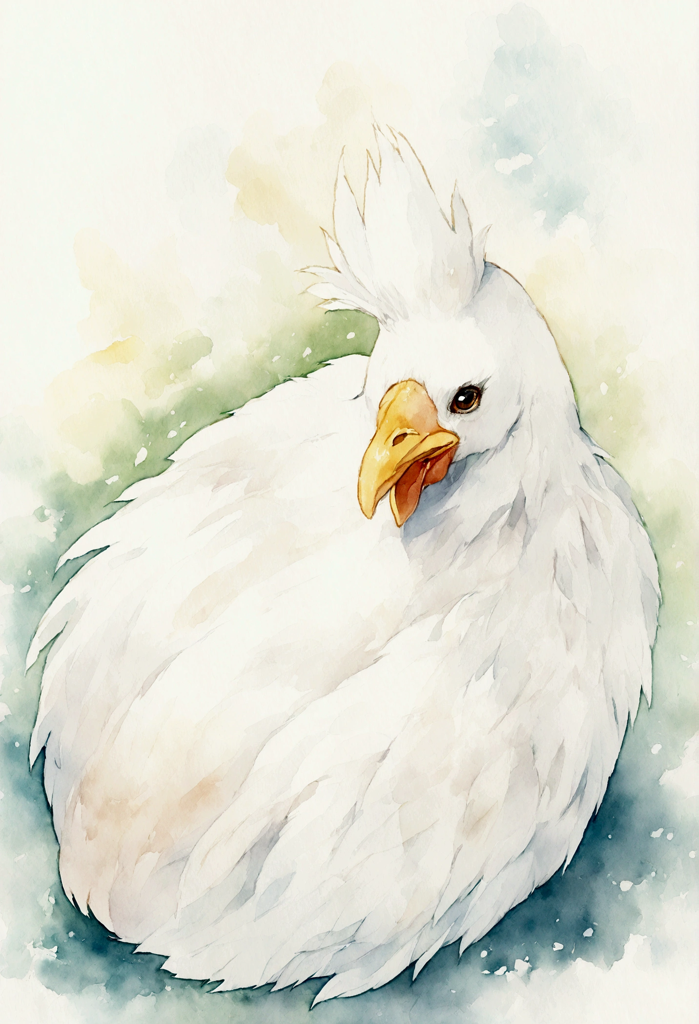 watercolor illustration of a white hen