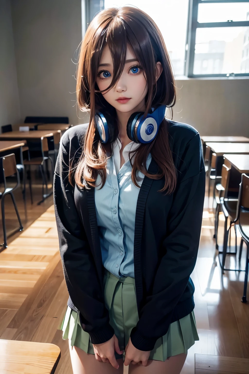 mikunakano, miku nakano, long hair, bangs, blue eyes, brown hair, shirt, hair between eyes, headphones, cardigan, headphones around neck,
BREAK skirt, shirt, long sleeves, white shirt, pantyhose, pleated skirt, black pantyhose, cardigan, green skirt, blue cardigan,
BREAK indoors, classroom,
BREAK looking at viewer, BREAK (masterpiece:1.2), best quality, high resolution, unity 8k wallpaper, (illustration:0.8), (beautiful detailed eyes:1.6), extremely detailed face, perfect lighting, extremely detailed CG, (perfect hands, perfect anatomy),