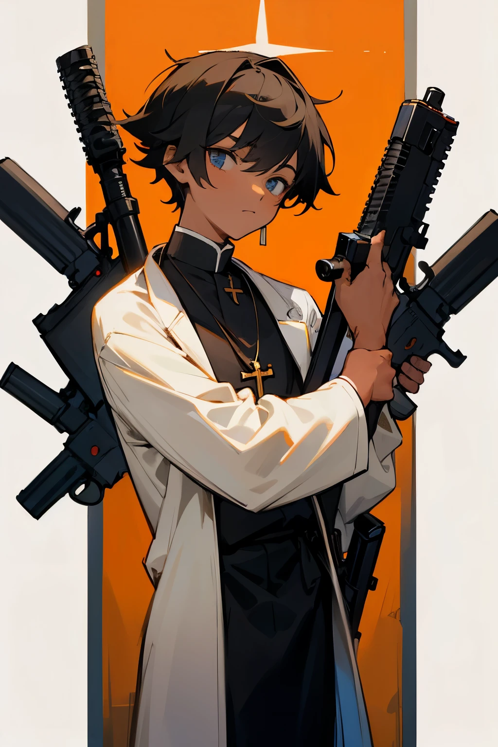 A young priest uses a gun and has a tan.