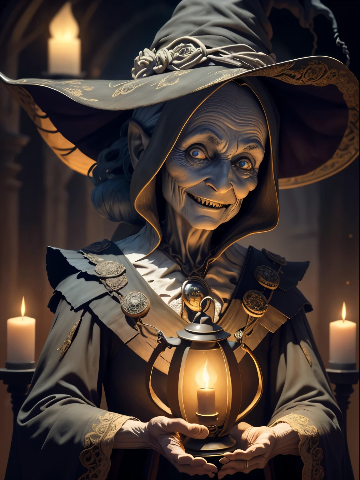 An old witch holding a lantern, eremita, Deep octane rendering, Candlelight lighting, baroque, europeu, Look sideways at the camera, Anatomicamente correto, Super detalhado, no background, smiling menacingly, ((perfect eyes))