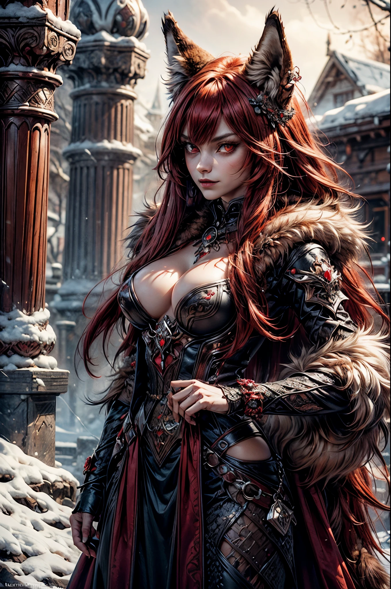 [Best Quality, Shaded, Extreme Detail, Highly Detailed, Ultra Detailed, Intricate, Realistic], Wolf Woman, Full Body Portrait, Full Fur, Red Fur, Full Tail, Red Tailed Red Hair, Straight Hair, A Pin in the hair, flower brooch, almond-shaped eyes, red eyes, sinister look, demonic viking style clothing