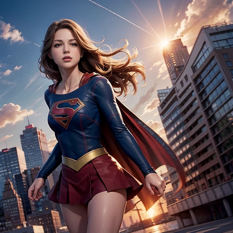 solo, 1girl, m3l1ss, supergirl, brown hair, s0p3r6m3l1s4-smf, blue eyes, blue bodysuit, red cape, realistic,, animification, skirt, flying, buildings, sky, clouds, sun light, hands behind back