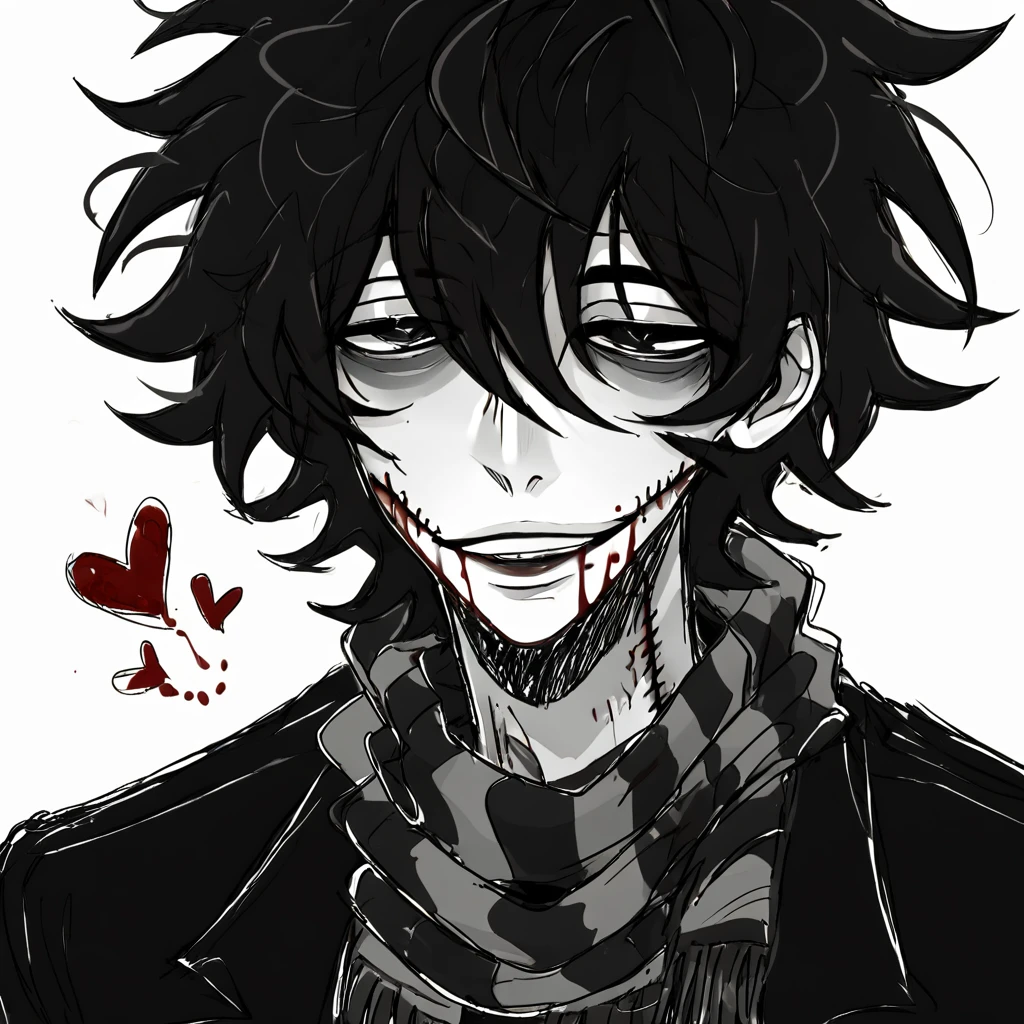 1man,mature male,  stitches, scarf,  coat, halfbody, grunge, sketchy lines, messy hair, black pupils, black hair, greyscale, hearts, half lidded eyes, bloody face