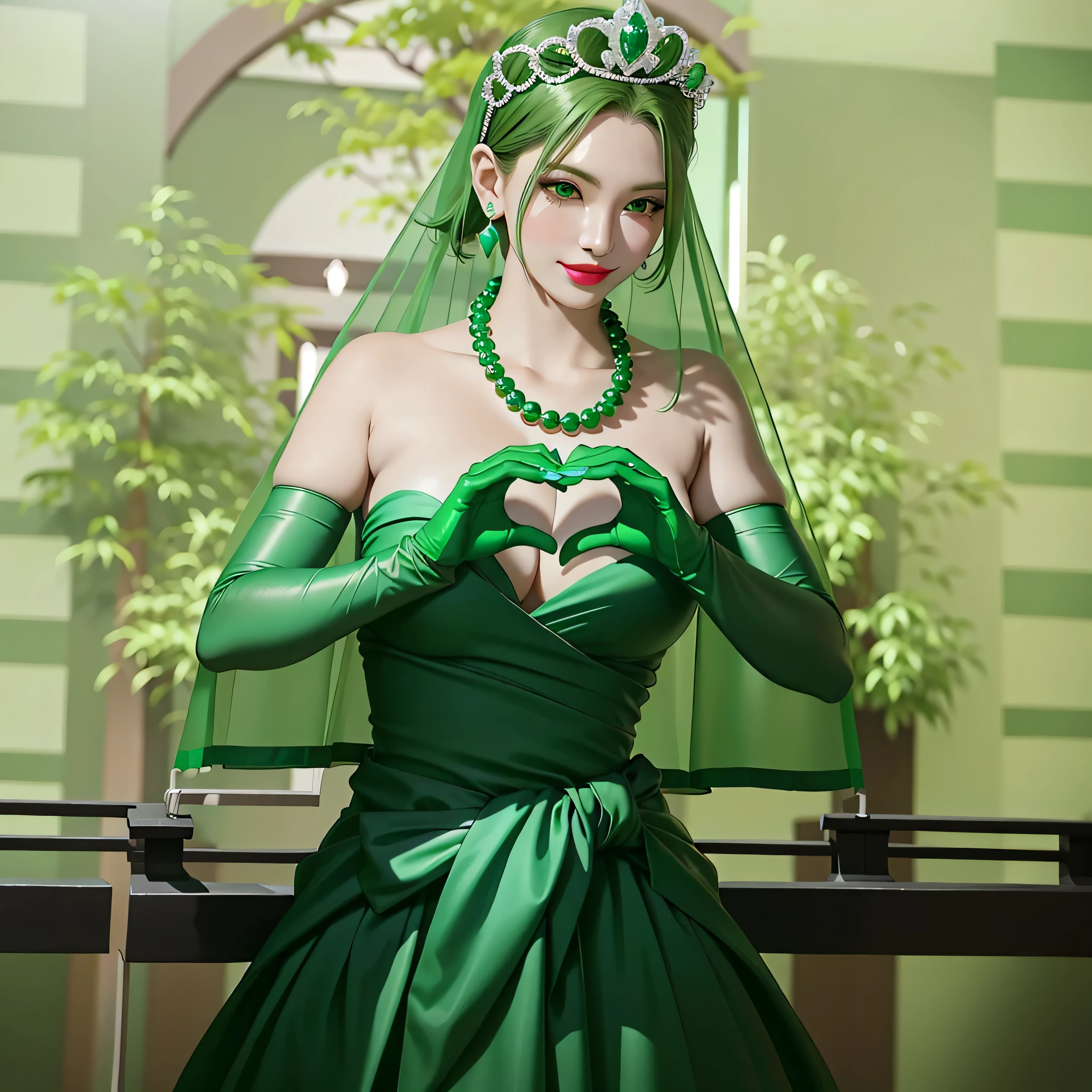 Emerald tiara, Green Pearl Necklace, Boyish very short green hair, Green Lips, Smiling Japanese woman, Very short hair, Busty beautiful lady, Green Eyes, Green satin long gloves, Green Eyes, Emerald Earrings, Green veil, Heart with both hands, Green Hair, Beautiful Japanese Women, Heart shaped hands:1.3, green lip gloss