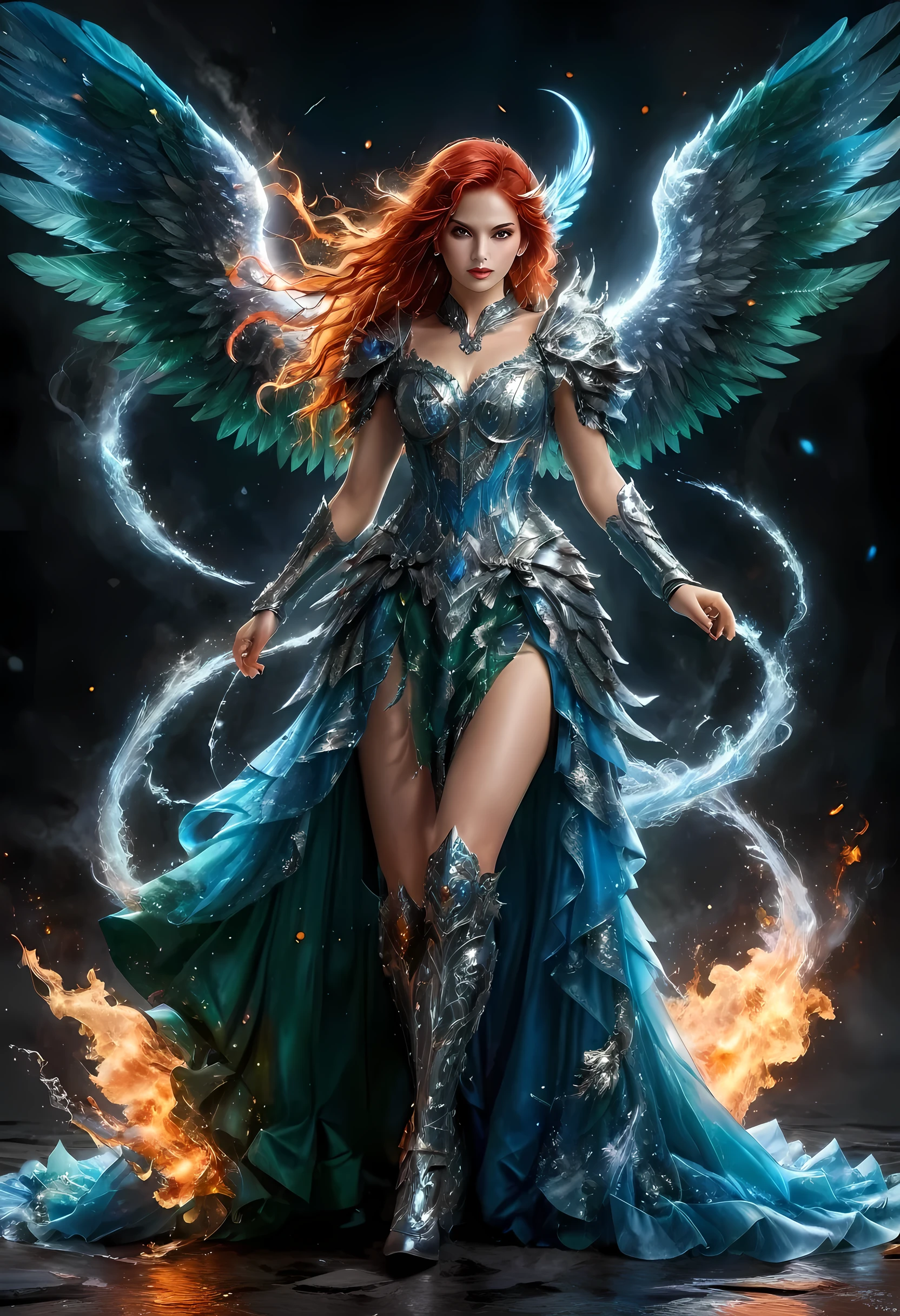 16k, ultra detailed, masterpiece, best quality, (extremely detailed), arafed, dnd art, panoramic view, full body, aasimar, female, (Masterpieceת intense details:1.3), female, sorceress, casting flaming spell(Masterpieceת intense details:1.3) large feathered wings,(azure: 1.3) angelic wings spread (Masterpieceת intense details:1.3), fantasy magical heaven background (Masterpieceת intense details:1.3), moon, stars, clouds, wearing white armor (Masterpieceת intense details:1.3), high heeled boots (Masterpieceת intense details:1.3), armed with staff, (red hair: 1.4), (green eyes: 1.4), intense eyes, ultra feminine, ultra detailed face, (Masterpieceת intense details:1.5), (anatomically correct: 1.5), determined face, divine light, cinematic lighting, soft light, silhouette, photorealism, panoramic view ((Masterpieceת intense details:1.3) , Wide-Angle, Ultra-Wide Angle, 16k, highres, best quality, faize, 3D rendering, evening dress