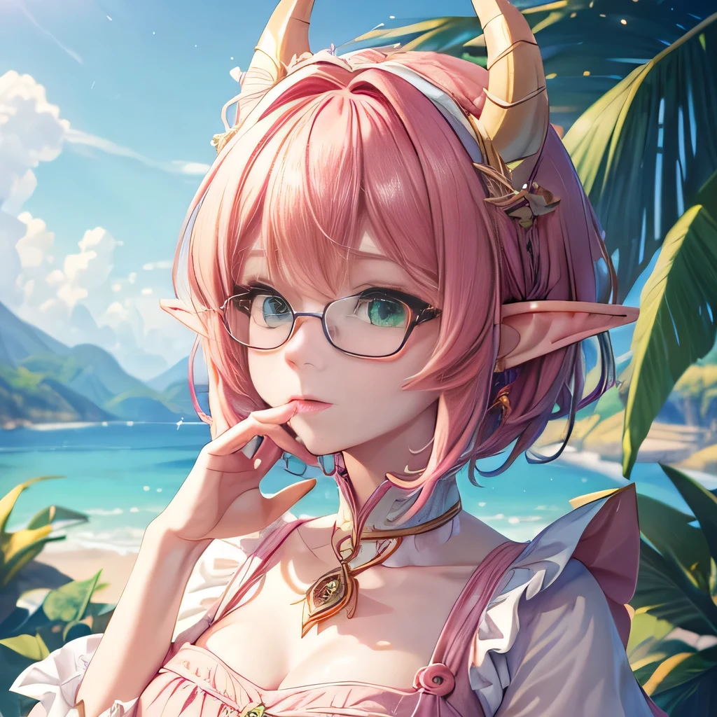 ((Best quality, 8K, Masterpiece: 1.3)) best quality, masterpiece,pink hair, big yellow horns curled around and pointed tail, green eyes, pink clothes, pink dress, elf ears, looking up, wear glasses, upper body,hair strand,Fair skin,short hair, beautiful face