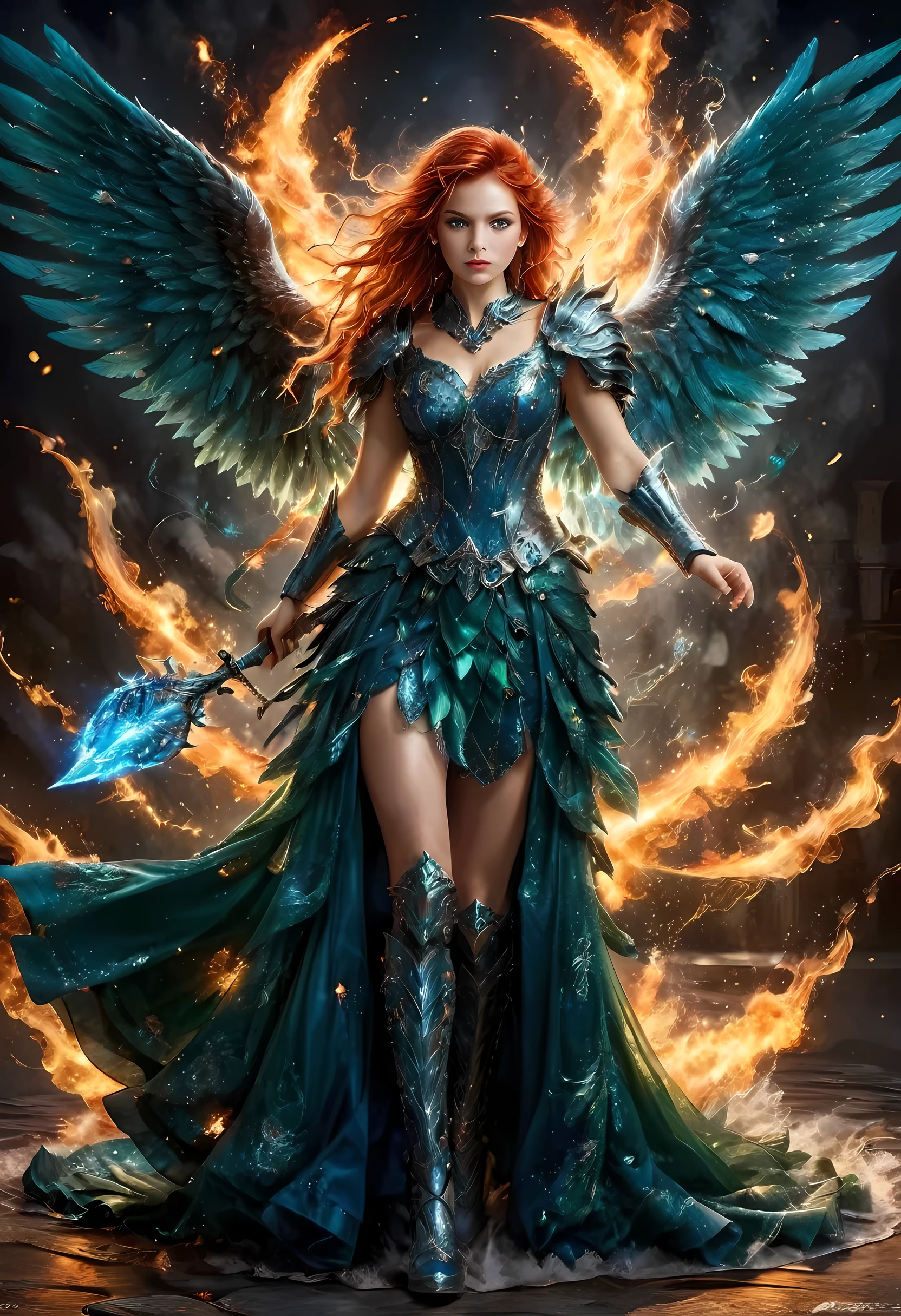 16k, ultra detailed, masterpiece, best quality, (extremely detailed), arafed, dnd art, panoramic view, full body, aasimar, female, (Masterpieceת intense details:1.3), female, sorceress, casting flaming spell(Masterpieceת intense details:1.3) large feathered wings,(azure: 1.3) angelic wings spread (Masterpieceת intense details:1.3), fantasy magical heaven background (Masterpieceת intense details:1.3), moon, stars, clouds, wearing white armor (Masterpieceת intense details:1.3), high heeled boots (Masterpieceת intense details:1.3), armed with staff, (red hair: 1.4), (green eyes: 1.4), intense eyes, ultra feminine, ultra detailed face, (Masterpieceת intense details:1.5), (anatomically correct: 1.5), determined face, divine light, cinematic lighting, soft light, silhouette, photorealism, panoramic view ((Masterpieceת intense details:1.3) , Wide-Angle, Ultra-Wide Angle, 16k, highres, best quality, faize, 3D rendering, evening dress