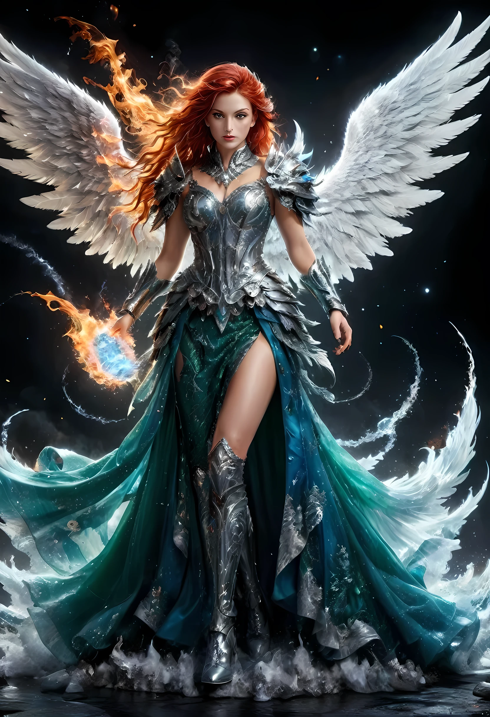 16k, ultra detailed, masterpiece, best quality, (extremely detailed), arafed, dnd art, panoramic view, full body, aasimar, female, (Masterpieceת intense details:1.3), female, sorceress, casting flaming spell(Masterpieceת intense details:1.3) large feathered wings,(azure: 1.3) angelic wings spread (Masterpieceת intense details:1.3), fantasy magical heaven background (Masterpieceת intense details:1.3), moon, stars, clouds, wearing white armor (Masterpieceת intense details:1.3), high heeled boots (Masterpieceת intense details:1.3), armed with staff, (red hair: 1.4), (green eyes: 1.4), intense eyes, ultra feminine, ultra detailed face, (Masterpieceת intense details:1.5), (anatomically correct: 1.5), determined face, divine light, cinematic lighting, soft light, silhouette, photorealism, panoramic view ((Masterpieceת intense details:1.3) , Wide-Angle, Ultra-Wide Angle, 16k, highres, best quality, faize, 3D rendering, evening dress