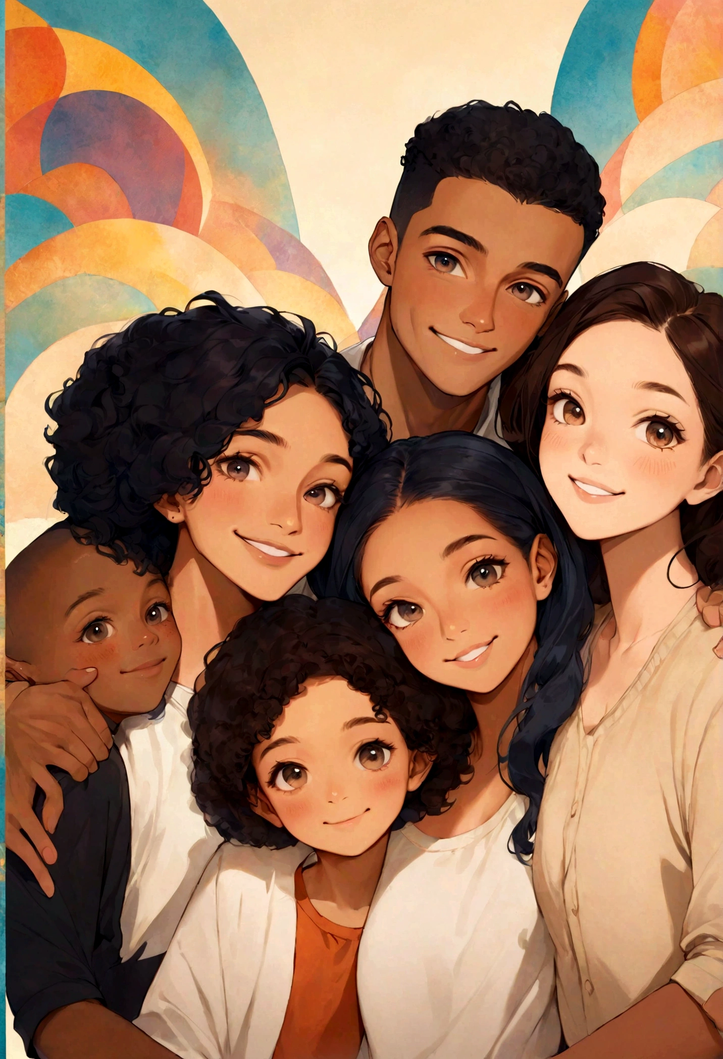 artistic style, a family, artistic, family photo, mixed nation, various skin tones, some of them smiling