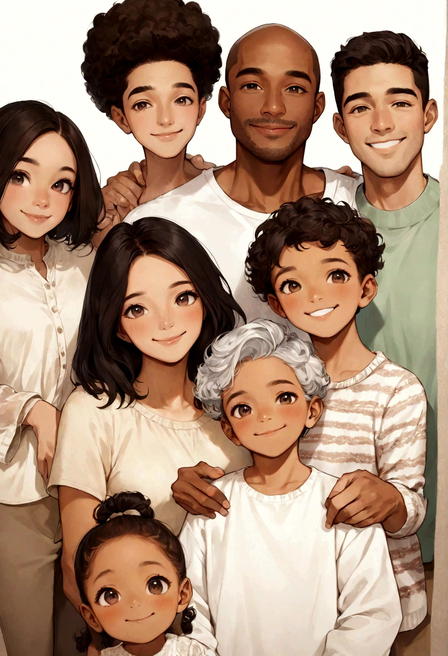 artistic style, a family, artistic, family photo, mixed nation, various skin tones, some of them smiling