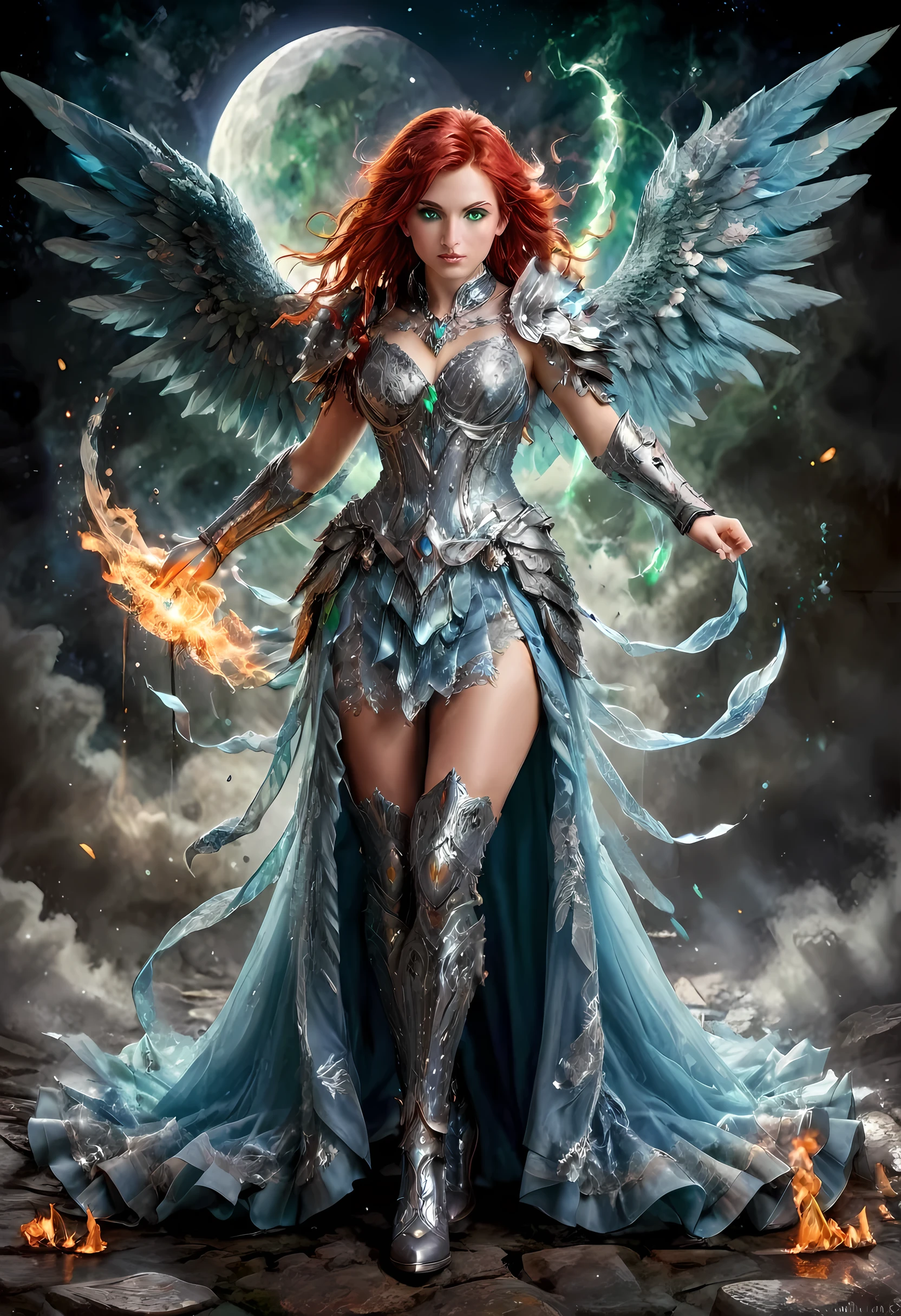 16k, ultra detailed, masterpiece, best quality, (extremely detailed), arafed, dnd art, panoramic view, full body, aasimar, female, (Masterpieceת intense details:1.3), female, sorceress, casting flaming spell(Masterpieceת intense details:1.3) large feathered wings,(azure: 1.3) angelic wings spread (Masterpieceת intense details:1.3), fantasy magical heaven background (Masterpieceת intense details:1.3), moon, stars, clouds, wearing white armor (Masterpieceת intense details:1.3), high heeled boots (Masterpieceת intense details:1.3), armed with staff, (red hair: 1.4), (green eyes: 1.4), intense eyes, ultra feminine, ultra detailed face, (Masterpieceת intense details:1.5), (anatomically correct: 1.5), determined face, divine light, cinematic lighting, soft light, silhouette, photorealism, panoramic view ((Masterpieceת intense details:1.3) , Wide-Angle, Ultra-Wide Angle, 16k, highres, best quality, faize, 2.5D rendering, evening dress