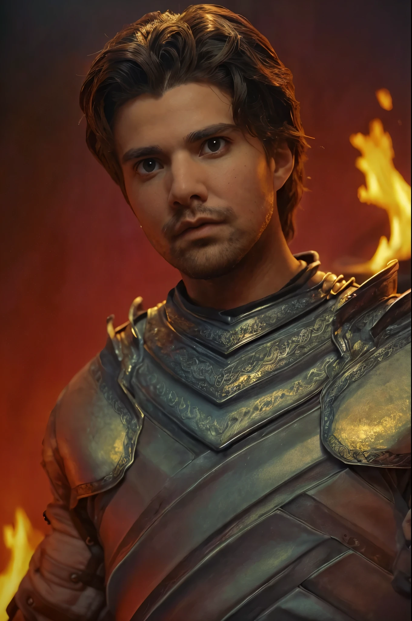 Upper body, (((Cinematic epic poster))) of Criston Cole wearing a silver armor, angry face, Gothic style, (((detailed face))), (a detailed RAW photo of a ), (master part:1.0), (best quality:1.4), (Ultra Highres:1.2), (photorealistic:1.4), 8K resolution, Canon EOS R5, 50 millimeters, Absurd, Ultra Detailed, sharp focus, Cinematic lighting, detailed face, (ULZZANG-6500-V1.1), detailed skin texture, pale skin, chest round, (pale :0.5), Cinematic lighting. (((Abstract flame background, cinematic lighting )))