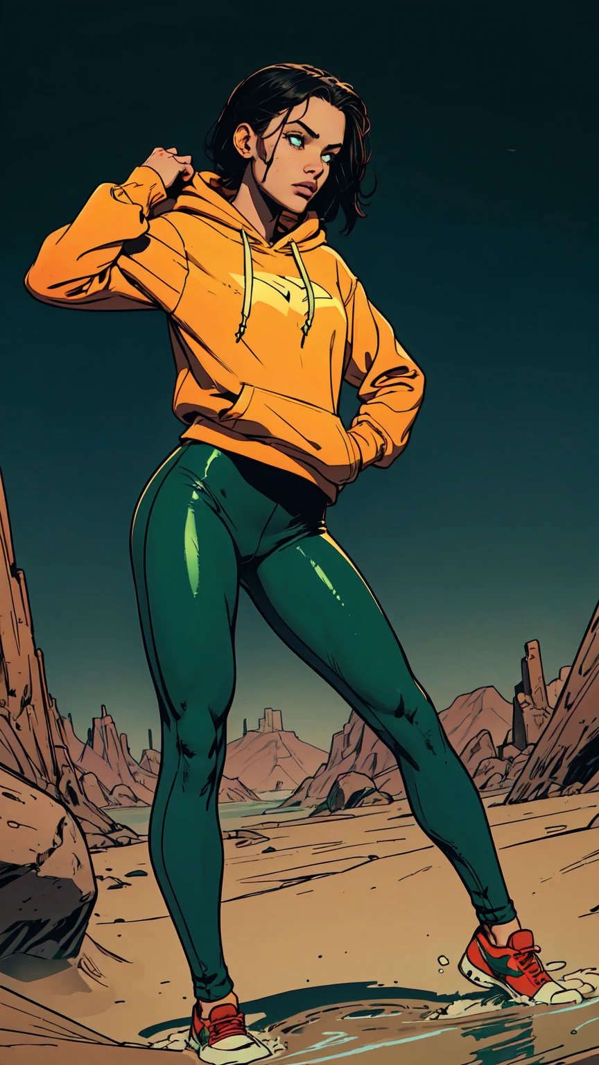 masterpiece, sensation:1.2, attention-grabbing:1.2, void bright background, young girl:1.2, young facial features, hoodie, sporty wetlook leggings, sinking, void quicksand, red, green, blue