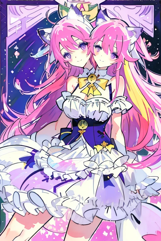(masterpiece, best quality), best resolution, (2heads:1.5), 1girl, full bodyesbian、Looking at the camera、Arms on the side of the body、frontage、simple background、 very long hair, colourful hair, perfect anatomy, Artistic portrait of a woman、a smile、virtual youtuber、pastels、multi colored、colourfull、length hair、large boob、cat ear、bow ribbon、Purple eyes(impressionist: 1.4), (tarot: 1.3),