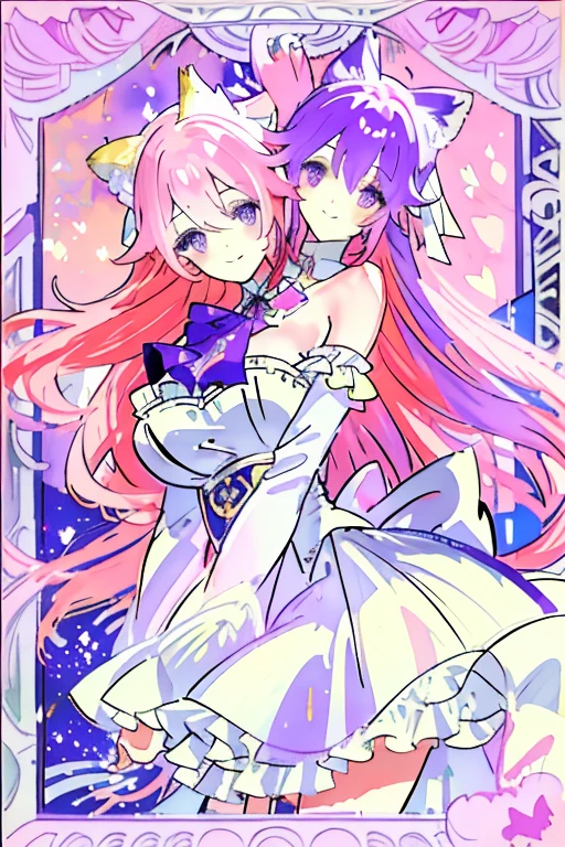 (masterpiece, best quality), best resolution, (2heads:1.5), 1girl, full bodyesbian、Looking at the camera、Arms on the side of the body、frontage、simple background、 very long hair, colourful hair, perfect anatomy, Artistic portrait of a woman、a smile、virtual youtuber、pastels、multi colored、colourfull、length hair、large boob、cat ear、bow ribbon、Purple eyes(impressionist: 1.4), (tarot: 1.3),