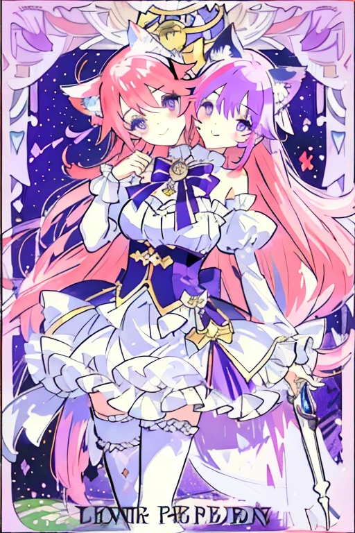 (masterpiece, best quality), best resolution, (2heads:1.5), 1girl, full bodyesbian、Looking at the camera、Arms on the side of the body、frontage、simple background、 very long hair, colourful hair, perfect anatomy, Artistic portrait of a woman、a smile、virtual youtuber、pastels、multi colored、colourfull、length hair、large boob、cat ear、bow ribbon、Purple eyes(impressionist: 1.4), (tarot: 1.3),