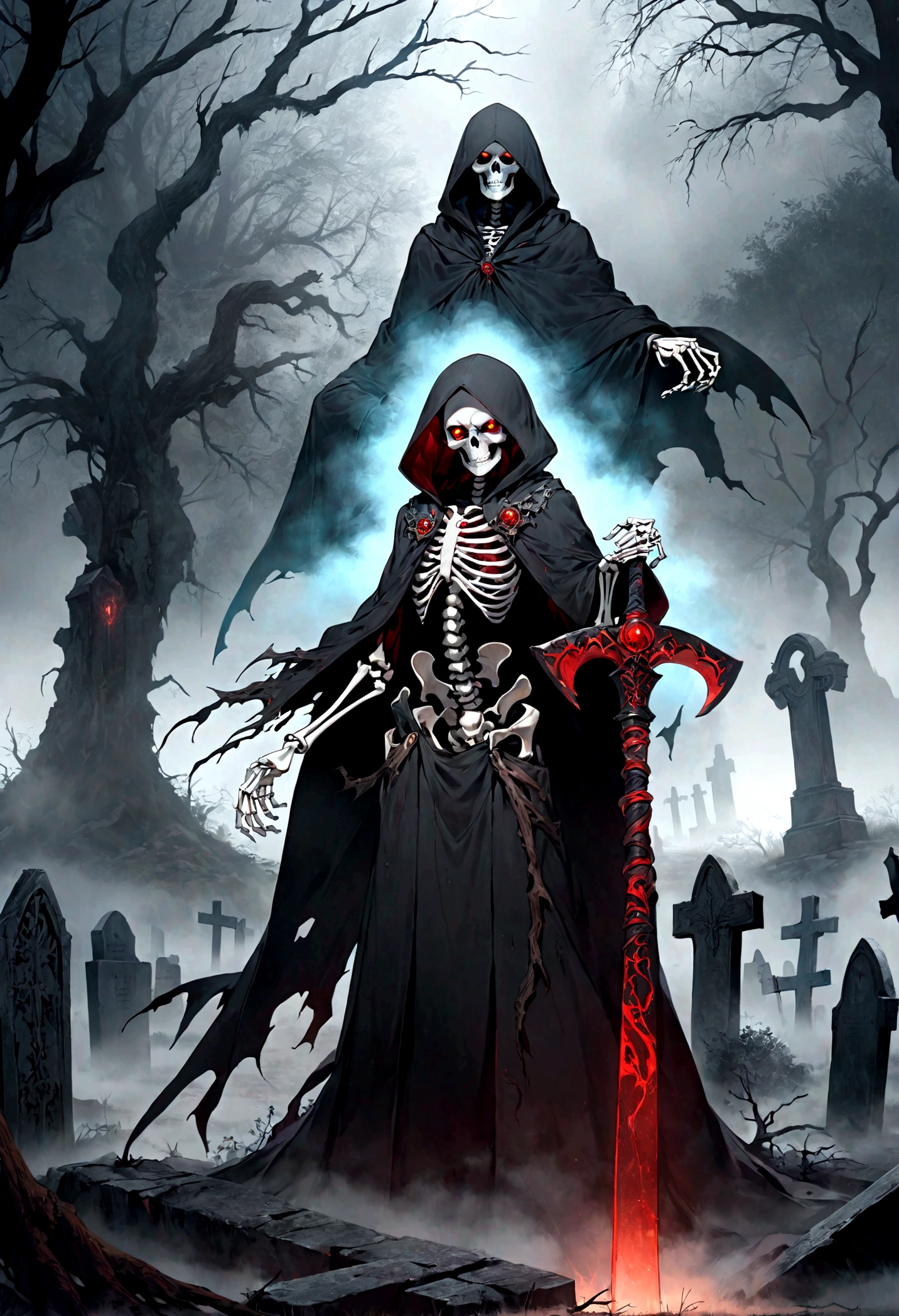 Front view, ominous and dramatic lighting, a menacing skeleton necromancer with glowing red eyes, gripping a large, ornate scythe, clad in a glossy, wet-look black hooded cloak, standing amidst an ancient, decrepit cemetery, surrounded by gnarled, dead trees and thick, rolling fog, intricate textures on the weathered tombstones and the necromancer's attire, styled in the dark, fantastical manner of Greg Rutkowski, 8k resolution, HDR, masterpiece quality, ultra-detailed and realistic rendering, the atmosphere eerie and foreboding, background featuring twisted branches, cracked gravestones, and dense mist, the composition meticulously balanced and visually arresting