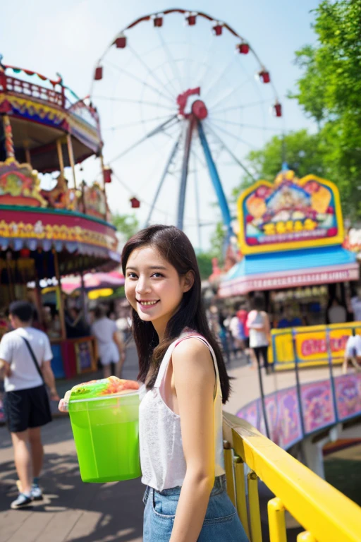 highest quality、masterpiece、High sensitivity、High resolution、 body shape、amusement park、Ride the Ferris Wheel、