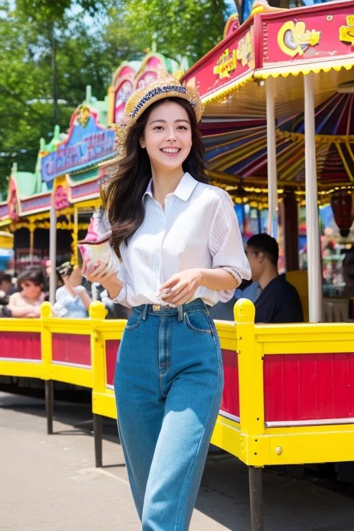 highest quality、masterpiece、High sensitivity、High resolution、 body shape、amusement park、Ride the Ferris Wheel、