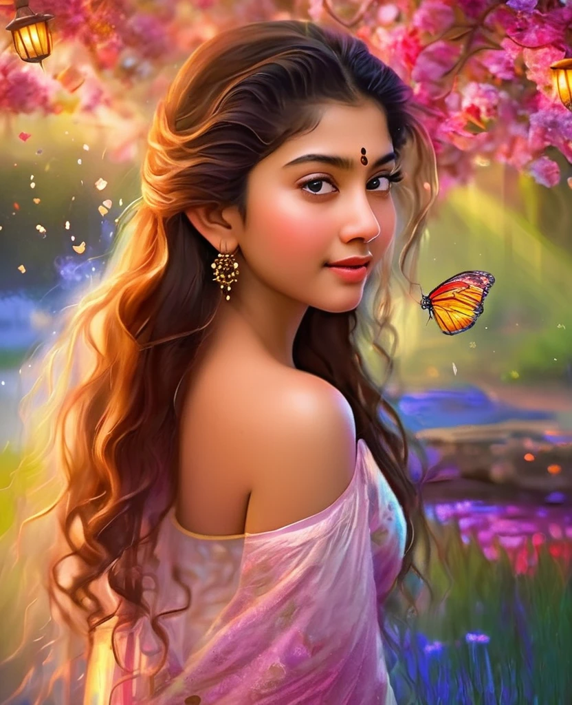 Looks like Sai Pallavi, 1girl, solo, full body, (masterpiece:1.21), (best quality:1.2), colorful, (illustration:1.2), (cinematic lighting:1.1), (bare shoulders:1.21), (collarbone:1.21)
In this whimsical and fantastical garden, the scene is illuminated by a rainbow of (colorful fireflies), dancing and fluttering in the air. The garden is decorated by a gentle (drizzle), creating a misty and ethereal atmosphere. In the center of the scene, there is a single girl, an extremely delicate and beautiful girl, with cute features and an innocent expression. Her long hair is flowing with the wind. She is wearing no shoulder straps dress, which is ultra low cut, highlighting her delicate curves.

The lighting is very delicate and beautiful, creating a soft and warm glow that highlights the water, making it sparkle like diamonds. The finest grass is also illuminated, creating a lush and verdant carpet. The garden is surrounded by colorful flower fields, with blooms of every color and shape. (Colorful butterflies), of every shade and size, can be seen fluttering around the scene, adding to the overall sense of wonder and magic. (look ai viewer),A blush can be seen on her nose, and her mouth is slightly open, adding to the overall sense of innocence and youthfulness. Falling petals can be seen floating around her, adding to the overall sense of romance and beauty. A gentle wind is blowing through the scene, making the leaves rustle and the flowers sway, adding to the overall sense of movement and life. This is a scene of pure wonder and magic, filled with color and beauty, where the viewer can lose themselves in the enchanting and captivating world. Surrounded by 2 playful dogs