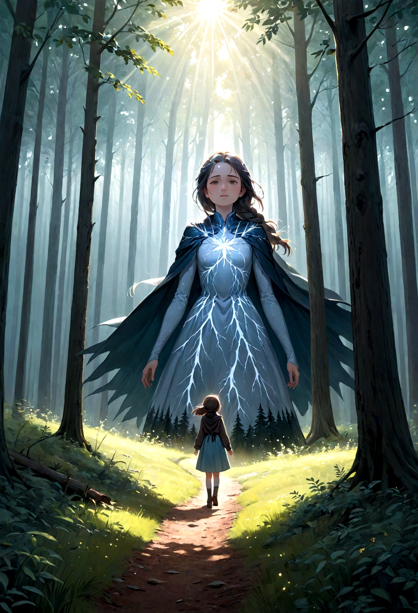 A serene morning in a dense forest, a small cozy house nestled among tall trees, with a hint of mist. A generous woman named Luana, with a warm smile, walks cautiously towards a sparkle between the trees. She finds a young girl, approximately nine years old, wearing elegant but thin clothing, frozen and unconscious. The scene captures the moment of discovery, emphasizing the tranquility of the forest contrasted with the girl's distress. Soft sunlight filters through the branches, highlighting the woman's concerned expression. Created Using: Canon EOS 5D, soft focus, impressionism, natural light, muted colors, delicate brush strokes, atmospheric depth, high resolution