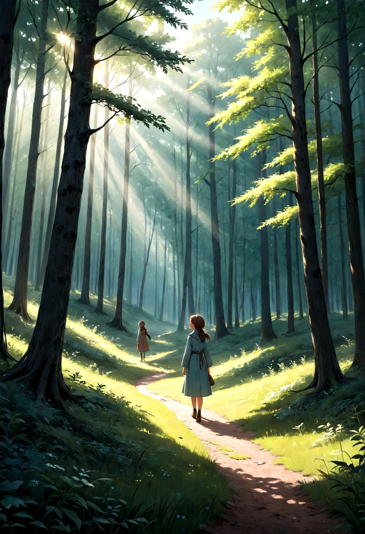 A serene morning in a dense forest, a small cozy house nestled among tall trees, with a hint of mist. A generous woman named Luana, with a warm smile, walks cautiously towards a sparkle between the trees. She finds a young girl, approximately nine years old, wearing elegant but thin clothing, frozen and unconscious. The scene captures the moment of discovery, emphasizing the tranquility of the forest contrasted with the girl's distress. Soft sunlight filters through the branches, highlighting the woman's concerned expression. Created Using: Canon EOS 5D, soft focus, impressionism, natural light, muted colors, delicate brush strokes, atmospheric depth, high resolution