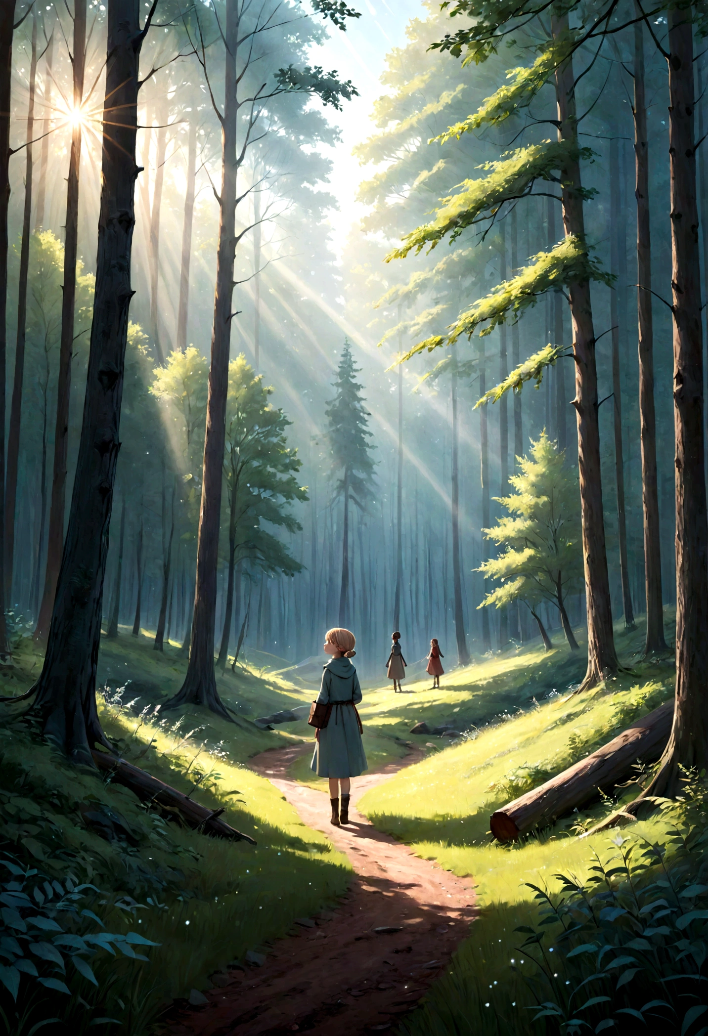 A serene morning in a dense forest, a small cozy house nestled among tall trees, with a hint of mist. A generous woman named Luana, with a warm smile, walks cautiously towards a sparkle between the trees. She finds a young girl, approximately nine years old, wearing elegant but thin clothing, frozen and unconscious. The scene captures the moment of discovery, emphasizing the tranquility of the forest contrasted with the girl's distress. Soft sunlight filters through the branches, highlighting the woman's concerned expression. Created Using: Canon EOS 5D, soft focus, impressionism, natural light, muted colors, delicate brush strokes, atmospheric depth, high resolution