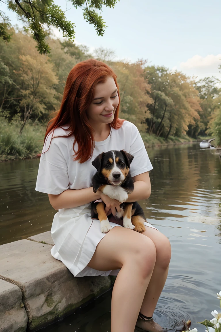 A beautiful puppy with red hair and white flowers in her hand is sitting by a river with a small dog.