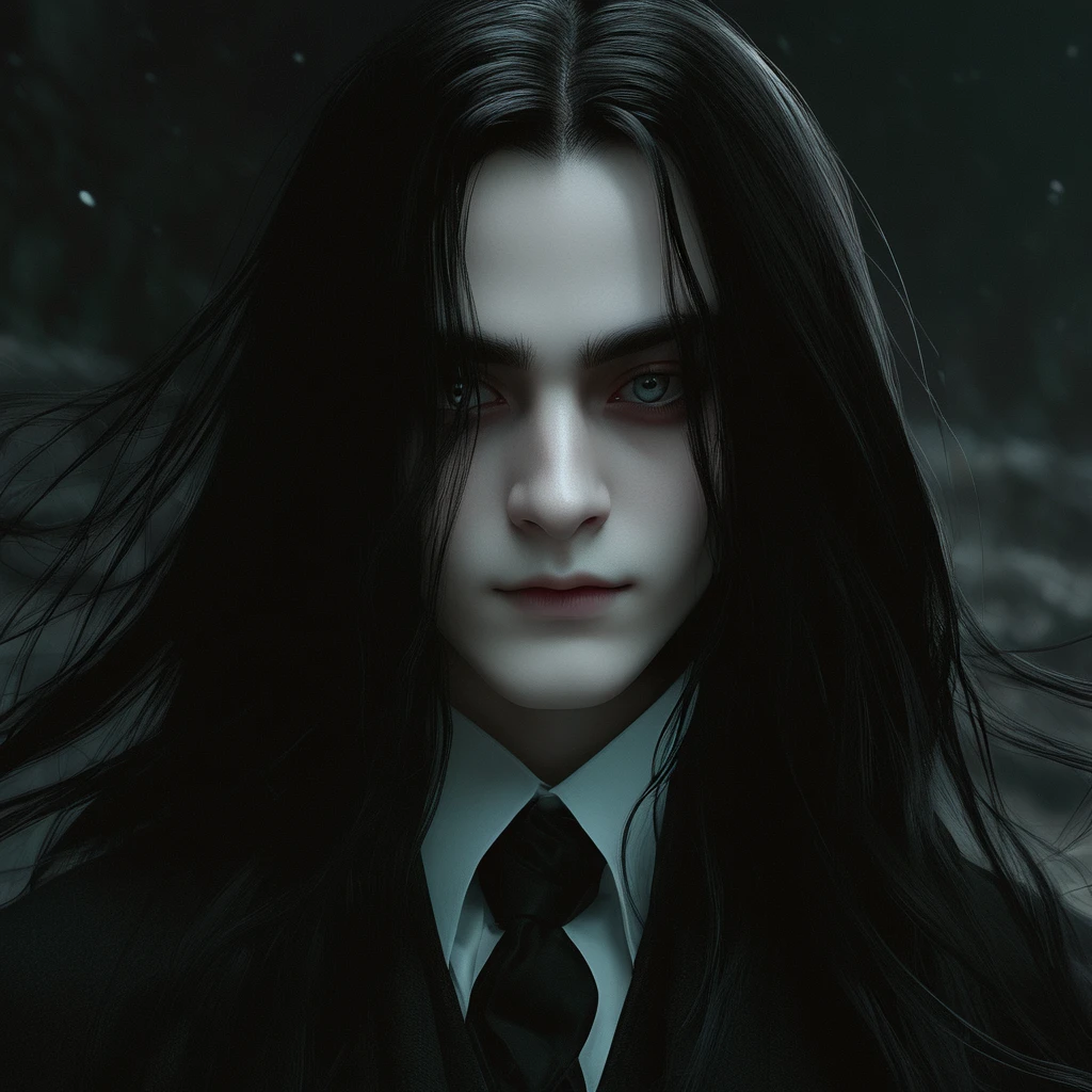 Young Severus Snape, portrait, (((onyx-black-eyes))), very-long-hair, black greasy hair, white skin, pale complexion, elegant-delicate-features, (((hooked nose))), Distinguished, Classic, Aesthetic, Sophisticated, Flawless, Intricate